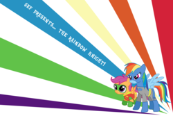 Size: 1500x1000 | Tagged: safe, artist:sefling, rainbow dash, scootaloo, pegasus, pony, g4, batman, clothes, costume, parody, robin, scootalove, wallpaper