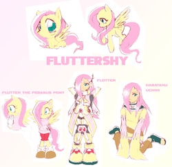 Size: 1220x1186 | Tagged: dead source, safe, artist:melissa-juice, fluttershy, robot, anthro, plantigrade anthro, g4, crossover, feet, female, humanized, mega man (series), naruto, solo, sonic the hedgehog (series), sonicified, style emulation