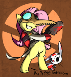 Size: 1847x2000 | Tagged: safe, artist:figgs, angel bunny, fluttershy, g4, crossover, featureless crotch, fluttermedic, medic, medic (tf2), team fortress 2