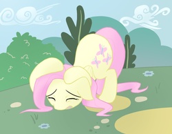 Size: 900x700 | Tagged: dead source, safe, artist:surgicalarts, fluttershy, pegasus, pony, g4, covering, eyes closed, face down ass up, female, floppy ears, folded wings, mare, outdoors, scared, solo, wings