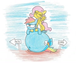 Size: 1280x1068 | Tagged: safe, artist:carad0c, fluttershy, rainbow dash, pegasus, pony, g4, belly button, female, inflation, mare