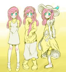 Size: 2100x2300 | Tagged: safe, artist:applestems, fluttershy, human, g4, clothes, dress, female, hat, high res, humanized, long skirt, raised leg, sandals, skirt, solo, sweater, sweatershy, thick eyebrows