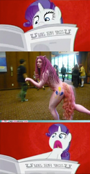 Size: 363x700 | Tagged: safe, edit, edited screencap, screencap, pinkie pie, rarity, human, pony, unicorn, g4, my little pony: friendship is magic, ponyville confidential, cosplay, female, horn, i'll destroy her, irl, irl human, mare, meme, newspaper, nightmare fuel, open mouth, photo, written equestrian