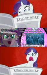 Size: 1210x1921 | Tagged: safe, edit, edited screencap, screencap, queen chrysalis, rarity, pony, unicorn, g4, my little pony: friendship is magic, ponyville confidential, disguise, disguised changeling, female, i'll destroy her, mare, megatron, newspaper, open mouth, transformers, written equestrian