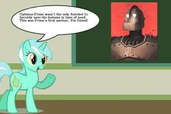 Size: 887x588 | Tagged: safe, lyra heartstrings, pony, robot, g4, chalkboard, human studies101 with lyra, meme, the iron giant, vector, vin diesel