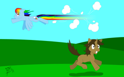 Size: 960x600 | Tagged: safe, artist:sdych, rainbow dash, oc, oc:dream catcher, g4