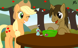 Size: 960x600 | Tagged: safe, artist:sdych, applejack, oc, oc:dream catcher, pony, unicorn, g4