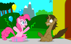 Size: 960x600 | Tagged: safe, artist:sdych, pinkie pie, oc, oc:dream catcher, pony, unicorn, g4, present