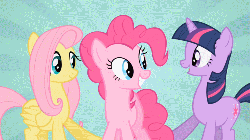 Size: 500x281 | Tagged: safe, screencap, fluttershy, pinkie pie, twilight sparkle, earth pony, pegasus, pony, unicorn, g4, party of one, season 1, abstract background, animated, cute, dancing, diapinkes, female, mare, shyabetes, speed up, trio, twiabetes