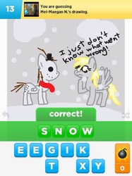 Size: 500x667 | Tagged: safe, artist:drawsomeponies, derpy hooves, pegasus, pony, g4, draw something, female, i just don't know what went wrong, mare, snow, snowfall, snowman, snowpony