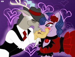 Size: 1152x864 | Tagged: safe, artist:aeon-borealis, discord, twilight sparkle, draconequus, pony, unicorn, g4, blushing, clothes, dress, dripcord, duo, female, interspecies, kiss on the lips, kissing, male, mare, ship:discolight, shipping, straight, unicorn twilight