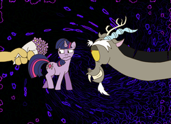 Size: 1024x745 | Tagged: safe, artist:nikkydash, discord, twilight sparkle, g4, female, flower, interspecies, male, ship:discolight, shipping, straight