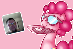 Size: 500x333 | Tagged: safe, artist:pinkieinprivate, pinkie pie, earth pony, pony, g4, fishnet stockings, pink background, pinkie pies private party, simple background, solo, sunglasses, tumblr