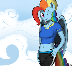 Size: 500x458 | Tagged: safe, artist:terra-aquis, pinkie pie, rainbow dash, oc, oc only, oc:rainbow pie, anthro, ask rainbow pie, g4, alternate hairstyle, belly button, female, fusion, fusion:pinkie pie, fusion:pinkiedash, fusion:rainbow dash, one eye closed, solo, wink