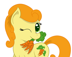 Size: 500x401 | Tagged: safe, artist:phoenixswift, carrot top, golden harvest, earth pony, pony, g4, carrot, cute, cutie top, female, food, mare, mouth hold, one eye closed, solo, wink
