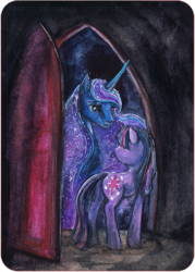 Size: 500x698 | Tagged: safe, artist:cosmicunicorn, princess luna, twilight sparkle, alicorn, pony, unicorn, g4, door, female, mare, unicorn twilight