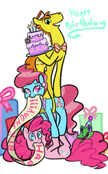 Size: 500x800 | Tagged: safe, artist:mt, carrot cake, cup cake, gummy, pinkie pie, alligator, earth pony, pony, g4, cake, cake family, female, male, mare, present, stallion