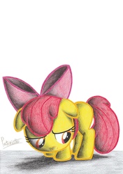 Size: 1639x2323 | Tagged: safe, artist:patoriotto, apple bloom, earth pony, pony, g4, female, filly, foal, pixiv, sad, solo, traditional art