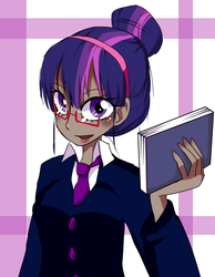 Size: 700x900 | Tagged: safe, artist:newjm, twilight sparkle, human, g4, abstract background, alternate hairstyle, clothes, dark skin, female, glasses, hair bun, humanized, necktie, solo, suit