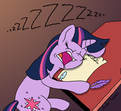 Size: 1280x1176 | Tagged: safe, artist:sketchinetch, twilight sparkle, pony, unicorn, g4, drool, eyes closed, female, letter, mare, open mouth, quill, sleeping, snoring, unicorn twilight, zzz