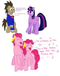 Size: 1290x1623 | Tagged: safe, artist:overlordk, doctor whooves, pinkie pie, time turner, twilight sparkle, earth pony, pony, unicorn, g4, banana, bubble berry, charlie the unicorn, clockwork, doctor whooves adventures, floppy ears, rule 63, self ponidox, singing, unicorn twilight