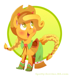 Size: 1376x1507 | Tagged: safe, artist:frozenspots, applejack, earth pony, pony, g4, clothes, cute, dress, female, open mouth, saddle, solo, tack