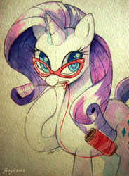 Size: 598x813 | Tagged: safe, artist:jiayi, rarity, pony, unicorn, g4, cute, female, glasses, mare, mouth hold, needle, open mouth, rarity's glasses, solo, thread, traditional art