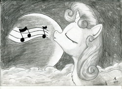 Size: 3509x2550 | Tagged: safe, artist:rameslack, sweetie belle, pony, unicorn, g4, eyes closed, female, high res, mare, monochrome, music notes, singing, solo, traditional art