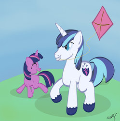 Size: 900x904 | Tagged: safe, artist:westy543, shining armor, twilight sparkle, g4, filly, happy, kite, kite flying, mouth hold, smiling