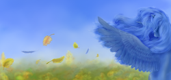 Size: 1200x568 | Tagged: safe, artist:grayma1k, princess luna, alicorn, pony, g4, autumn leaves, feather, female, leaf, leaves, mare, solo, spread wings, wind, windswept mane, wings