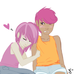 Size: 1000x1000 | Tagged: safe, artist:tentacuddles, ruby pinch, scootaloo, human, g4, clothes, duo, female, humanized, simple background, transparent background