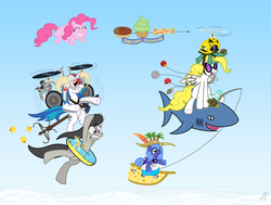 Size: 3100x2340 | Tagged: safe, artist:lightf4lls, dj pon-3, lyra heartstrings, octavia melody, pinkie pie, princess luna, surprise, tank, vinyl scratch, earth pony, pegasus, pony, shark, g1, g4, female, g1 to g4, generation leap, grenade, high res, inner tube, mare, open mouth, poké ball, pokémon, rubber duck, woona