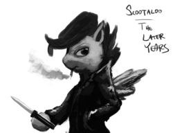 Size: 1500x1150 | Tagged: safe, artist:ninthsphere, scootaloo, g4, black and white, grayscale, knife, older, punk, smoking, switchblade