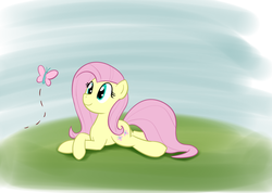 Size: 1000x713 | Tagged: safe, artist:whatsapokemon, fluttershy, butterfly, pegasus, pony, g4, female, looking at something, lying down, mare, prone, solo