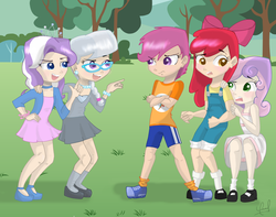 Size: 2019x1589 | Tagged: safe, artist:zorbitas, apple bloom, diamond tiara, scootaloo, silver spoon, sweetie belle, human, g4, adorabullies, clothes, cute, cutie mark crusaders, dress, glasses, humanized, skirt