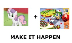 Size: 1008x600 | Tagged: safe, sweetie belle, pony, robot, robot pony, unicorn, g4, all caps, blank flank, exploitable meme, female, filly, foal, hooves, horn, make it happen, meme, meta, mischief makers, open mouth, sweetie bot, teeth, text