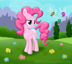 Size: 1000x887 | Tagged: safe, artist:empyu, pinkie pie, earth pony, parasprite, pony, g4, female, frown, mare, solo