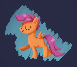 Size: 640x559 | Tagged: safe, artist:paintrolleire, scootaloo, pegasus, pony, g4, abstract background, eyes closed, female, filly, raised leg, smiling, solo, spread wings, wings