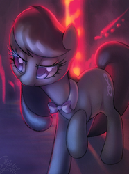 Size: 772x1036 | Tagged: safe, artist:dawnfire, octavia melody, pony, g4, colored pupils, female, looking at something, raised hoof, signature, smirk, solo