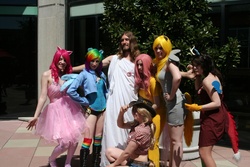 Size: 1728x1152 | Tagged: safe, artist:rougeleaderred, applejack, derpy hooves, discord, fluttershy, pinkie pie, rainbow dash, human, g4, cosplay, irl, irl human, jesus christ, photo, rule 63