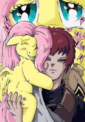 Size: 837x1193 | Tagged: safe, artist:mortalshinobi, fluttershy, human, pegasus, pony, g4, butt touch, crossover, female, gaara, hand on butt, holding a pony, mare, naruto