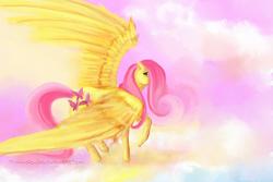 Size: 1650x1100 | Tagged: safe, artist:flynn-the-cat, fluttershy, pegasus, pony, g4, female, flying, hair over one eye, large wings, looking at you, mare, outdoors, sky, solo, spread wings, wings