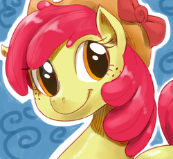 Size: 651x600 | Tagged: safe, artist:sunibee, apple bloom, earth pony, pony, g4, abstract background, female, filly, foal, hat, solo