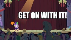 Size: 960x540 | Tagged: safe, edit, edited screencap, screencap, shoeshine, spike, dragon, earth pony, pony, unicorn, g4, hearth's warming eve (episode), caption, female, get on with it, hearth's warming eve, image macro, male, mare, monty python, monty python and the holy grail
