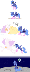 Size: 1008x2376 | Tagged: safe, artist:emeralddarkness, princess celestia, princess luna, g4, bed, clothes, comic, nuzzling, pink-mane celestia, s1 luna, socks, static, static electricity, to the moon