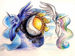 Size: 900x675 | Tagged: safe, artist:art-surgery, princess celestia, princess luna, alicorn, pony, g4, day, duo, female, lying down, mare, night, royal sisters, sisters, sleeping, traditional art