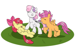 Size: 2538x1674 | Tagged: safe, artist:shadwag, apple bloom, scootaloo, sweetie belle, earth pony, pegasus, pony, unicorn, g4, cutie mark crusaders, eyes closed, feather, female, filly, simple background, tickling, transparent background