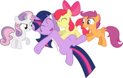 Size: 2778x1764 | Tagged: dead source, safe, artist:nickman983, apple bloom, scootaloo, sweetie belle, twilight sparkle, earth pony, pegasus, pony, unicorn, g4, cutie mark crusaders, feather, female, filly, foal, hoof tickling, mare, simple background, tickling, transparent background, unicorn twilight