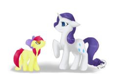 Size: 800x487 | Tagged: safe, artist:flow3r-child, apple bloom, rarity, g4, abstract background, duo, filly, foal, raised hoof