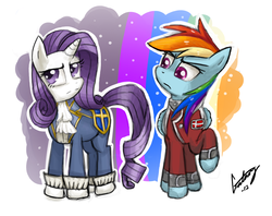 Size: 1394x1106 | Tagged: safe, artist:galaxyart, rainbow dash, rarity, pegasus, pony, unicorn, g4, clothes